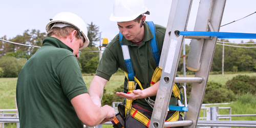 Two telecommunication engineers working on site - one technician is preparing to ascend the ladder